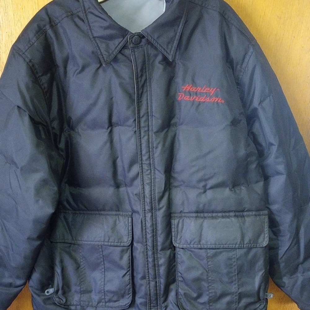 Harley-Davidson XL Embroidered Gray/Black Reversible Winter Biker Coat